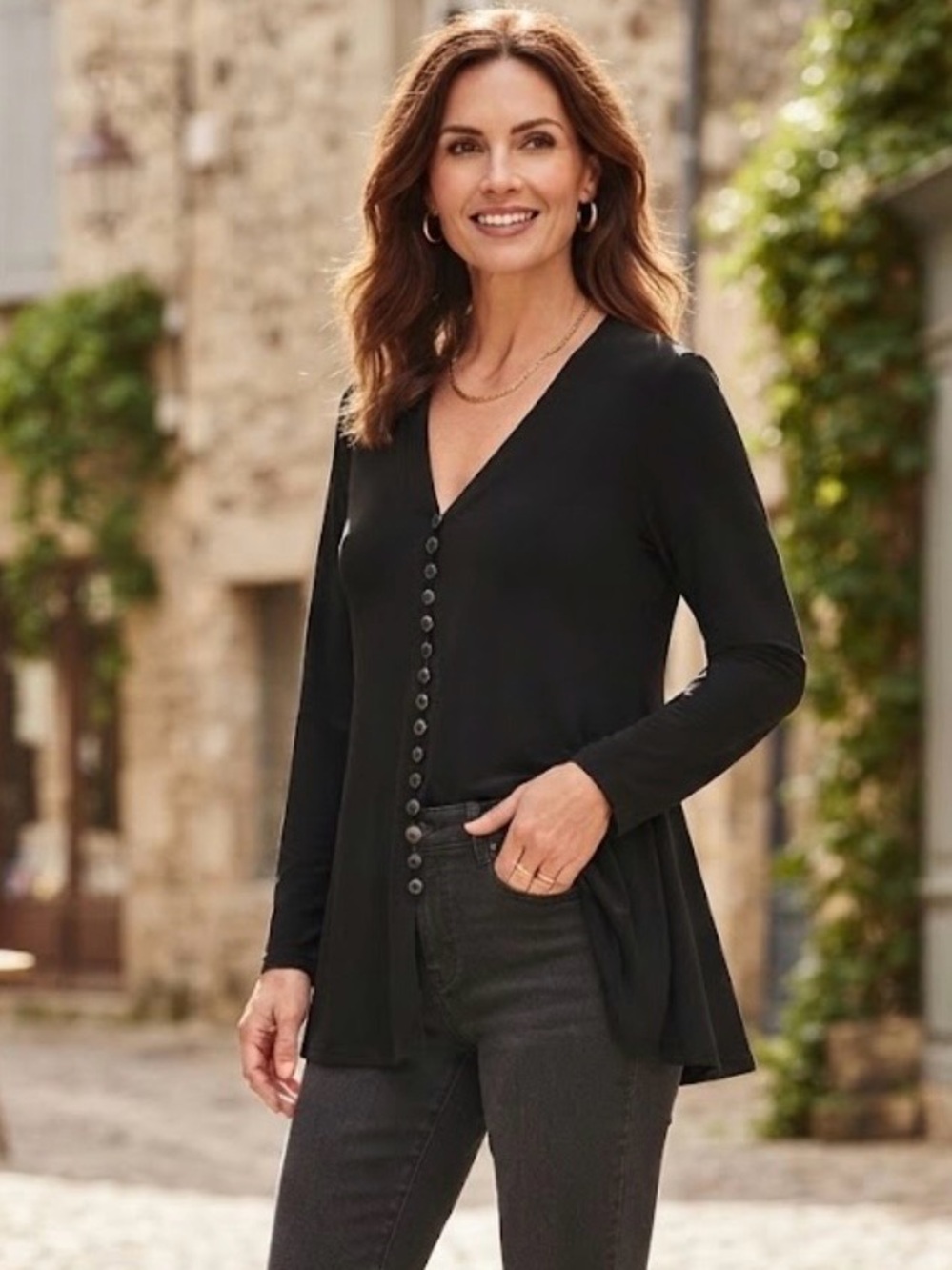 Joseph Ribkoff Black V-Neck Button Down Swing Tunic Top Long Sleeve Size 8/CAN